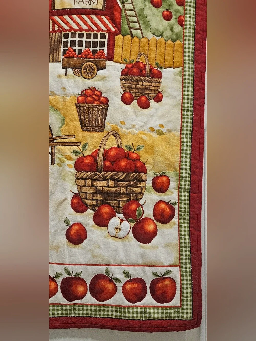 Vintage Quilted Wall Hanging Red Barn Apple Farm Country Cottagecore Tapestry
